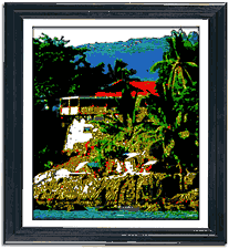 baan rim pa restaurant, phuket, thailand. woodcut by hugh harrison illustration and design.